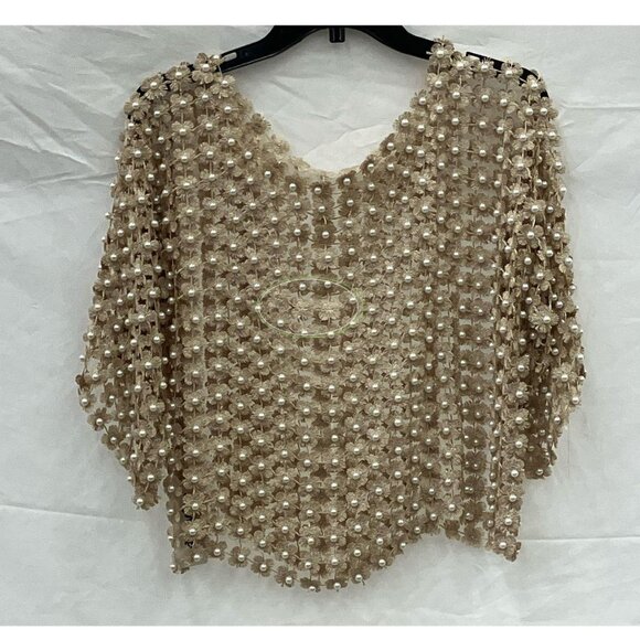 NWT Pearl Embellished Crochet Top, Gold Floral Embroidery Detail, flaw - Picture 11 of 13